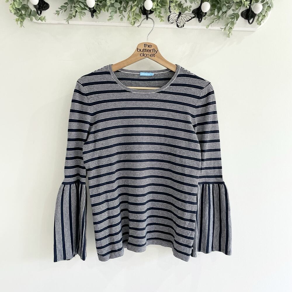 J. McLaughlin Daryn Bell Sleeve Shirt In Black And Blue Stripes Size S FF14